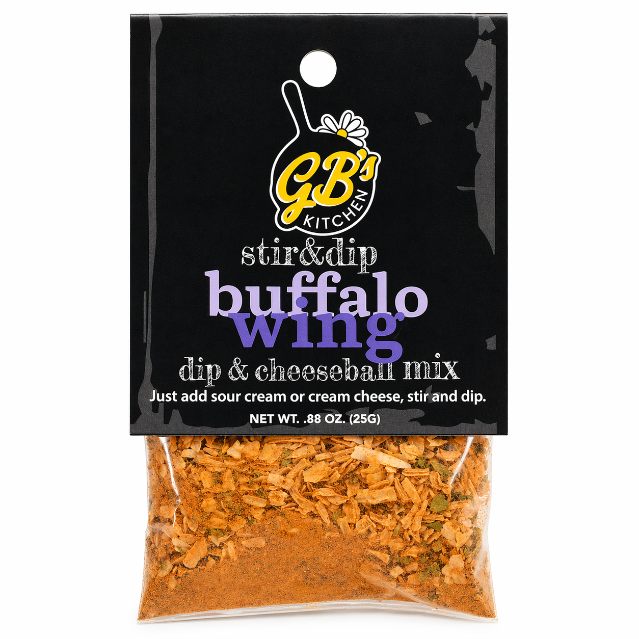Packaged GB's Kitchen Buffalo Wing dip & cheeseball mix on a white background