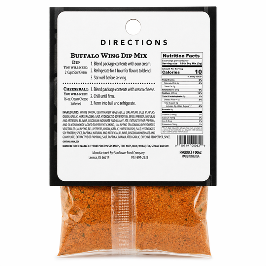 Buffalo Wing Dip Mix packaging with label and two packets of seasoning on a white background