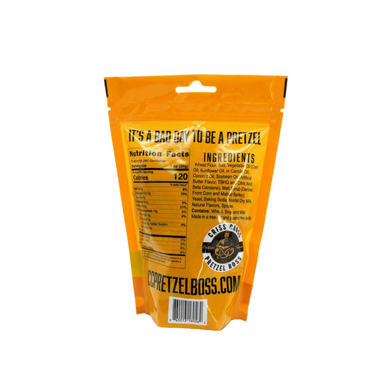 Orange packaging of a pretzel product with text and branding on a white background