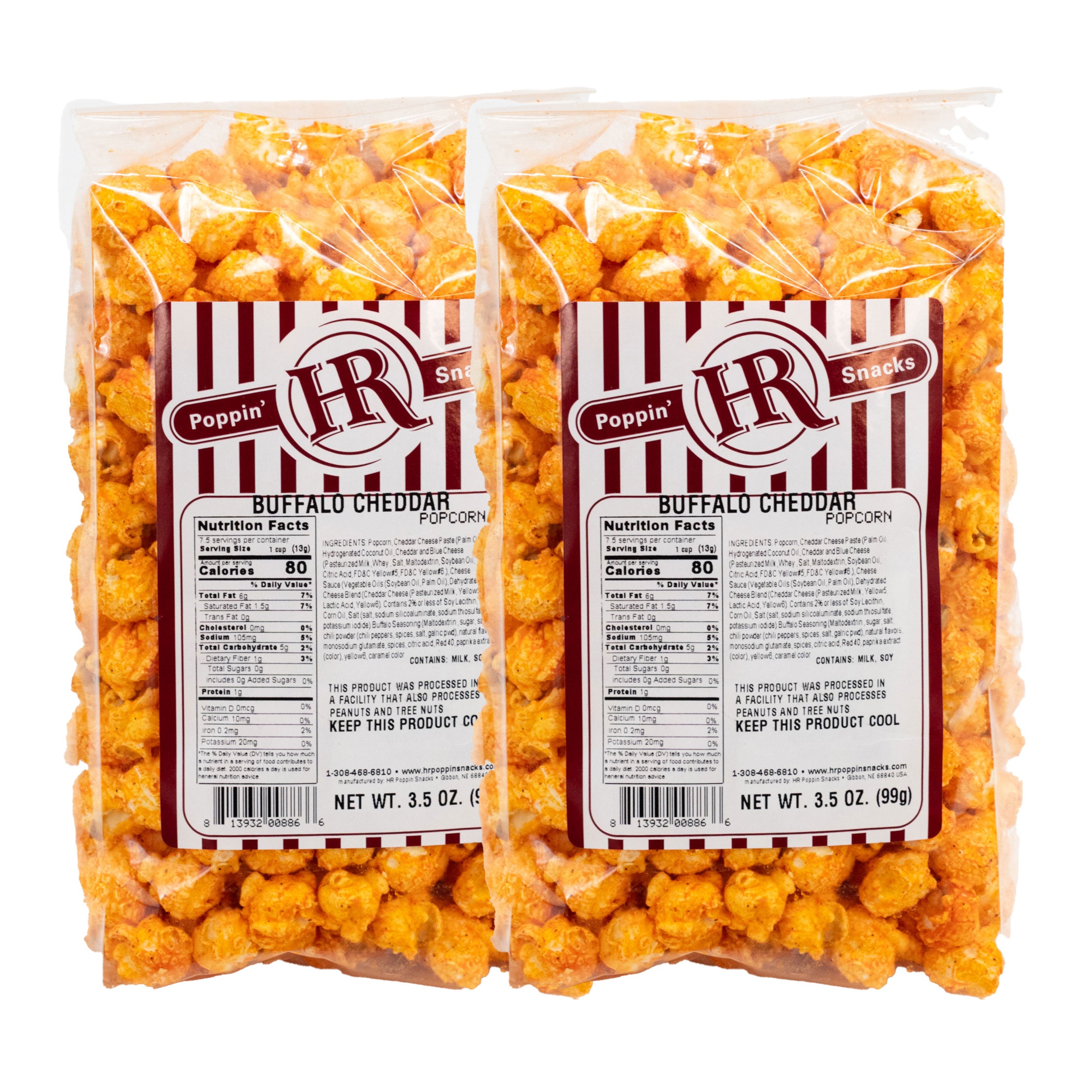 Two packages of Poppin' Hot Buffalo Cheddar popcorn with labels on a white background.