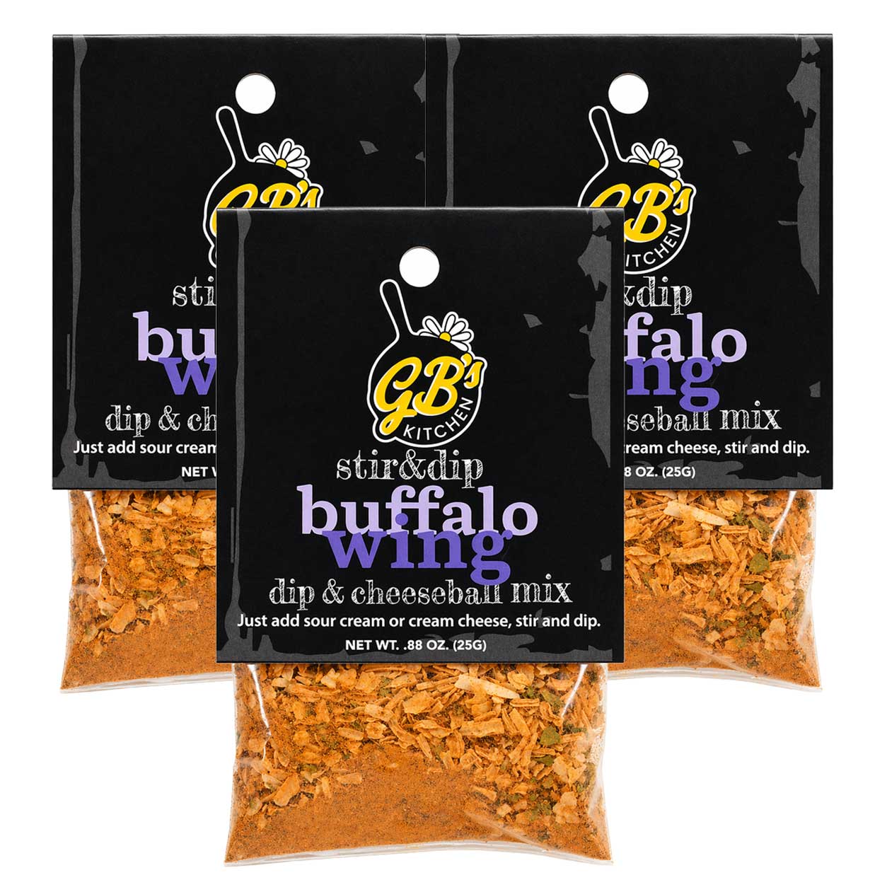 Three packages of GB's Kitchen stir & dip buffalo wing and cheeseball mix on a white background.