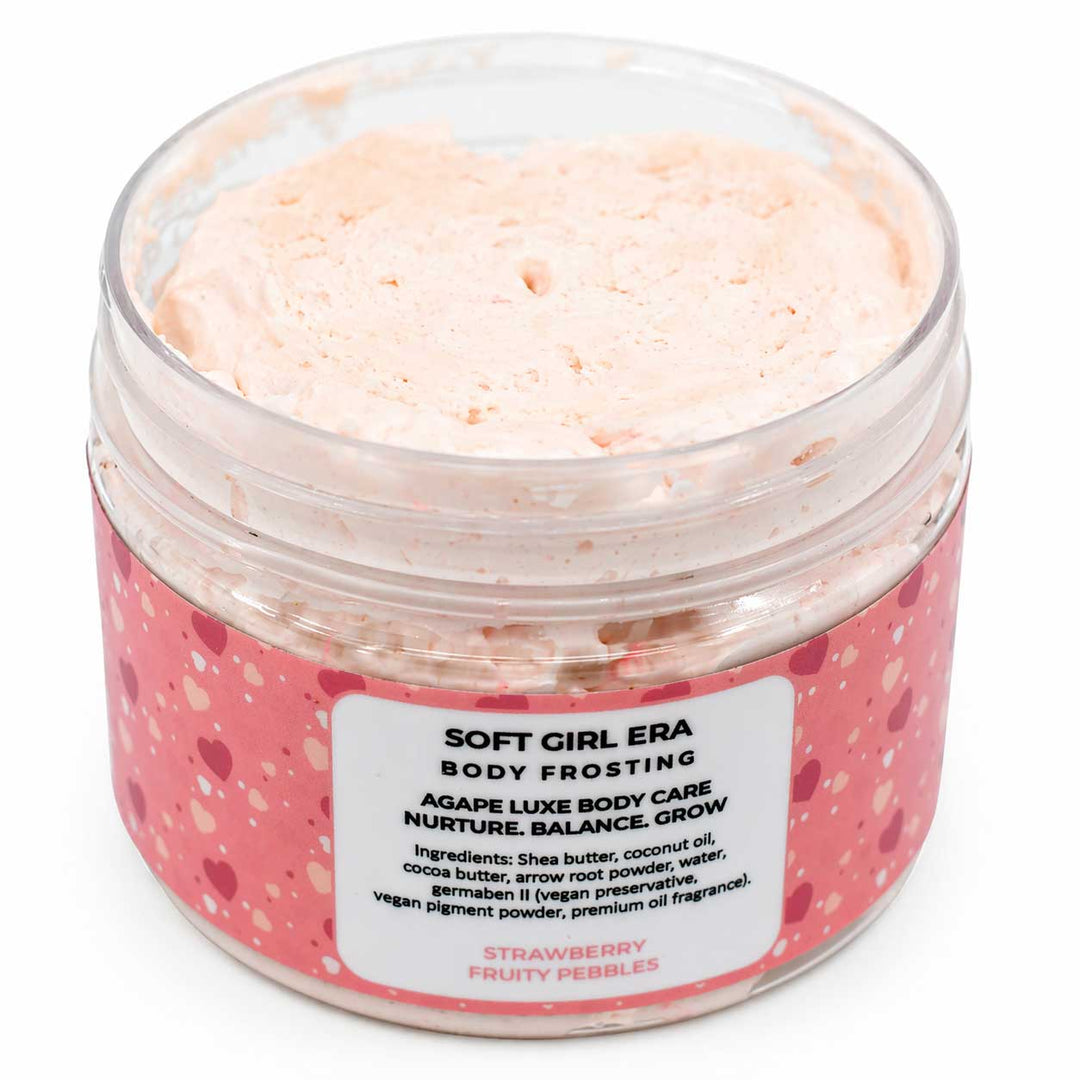 Jar of Soft Girl Era body frosting with a pink and white label on a white background