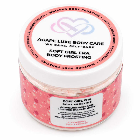 Jar of 'Soft Girl Era Body Frosting' by Agape Luxe Body Care on a white background