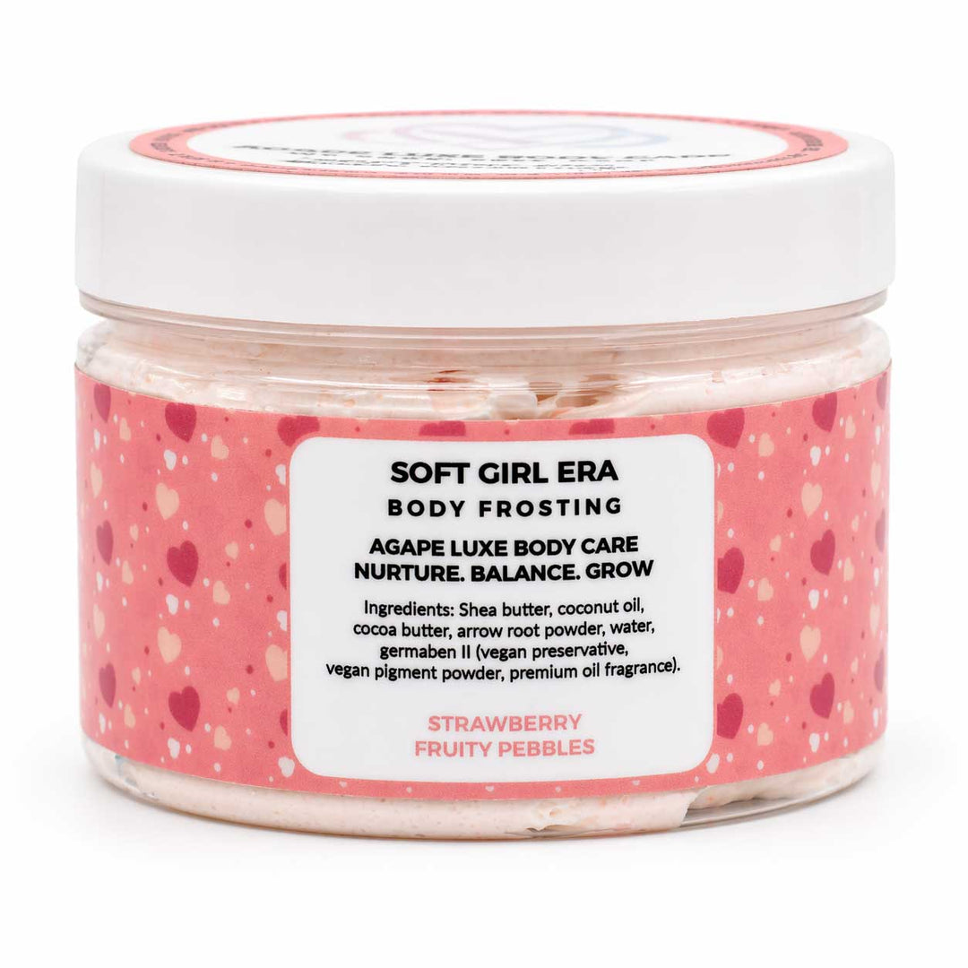 Jar of 'Soft Girl Era' body frosting with a pink label on a white background