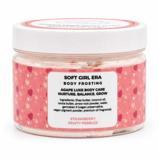 Jar of 'Soft Girl Era' body frosting with a pink label on a white background