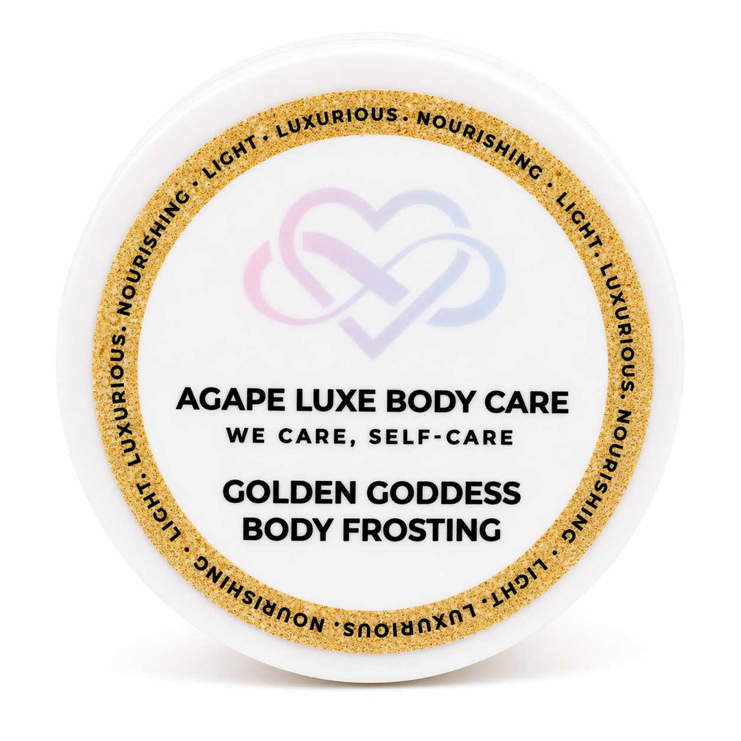 Jar of Agape Luxe Body Care Golden Goddess Body Frosting on a white background