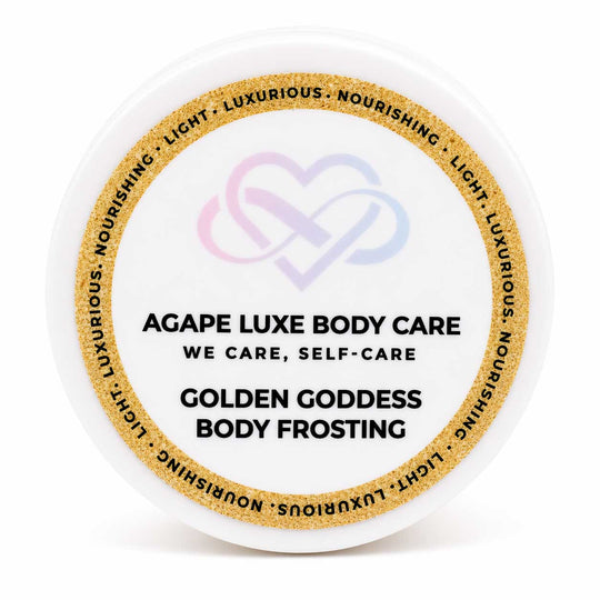 Jar of Agape Luxe Body Care Golden Goddess Body Frosting on a white background