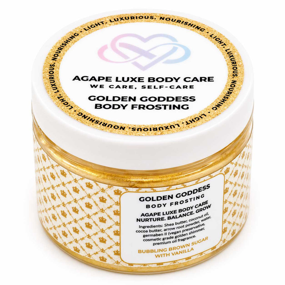Jar of Agape Luxe Body Care Golden Goddess Body Frosting on a white background