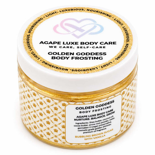 Jar of Agape Luxe Body Care Golden Goddess Body Frosting on a white background