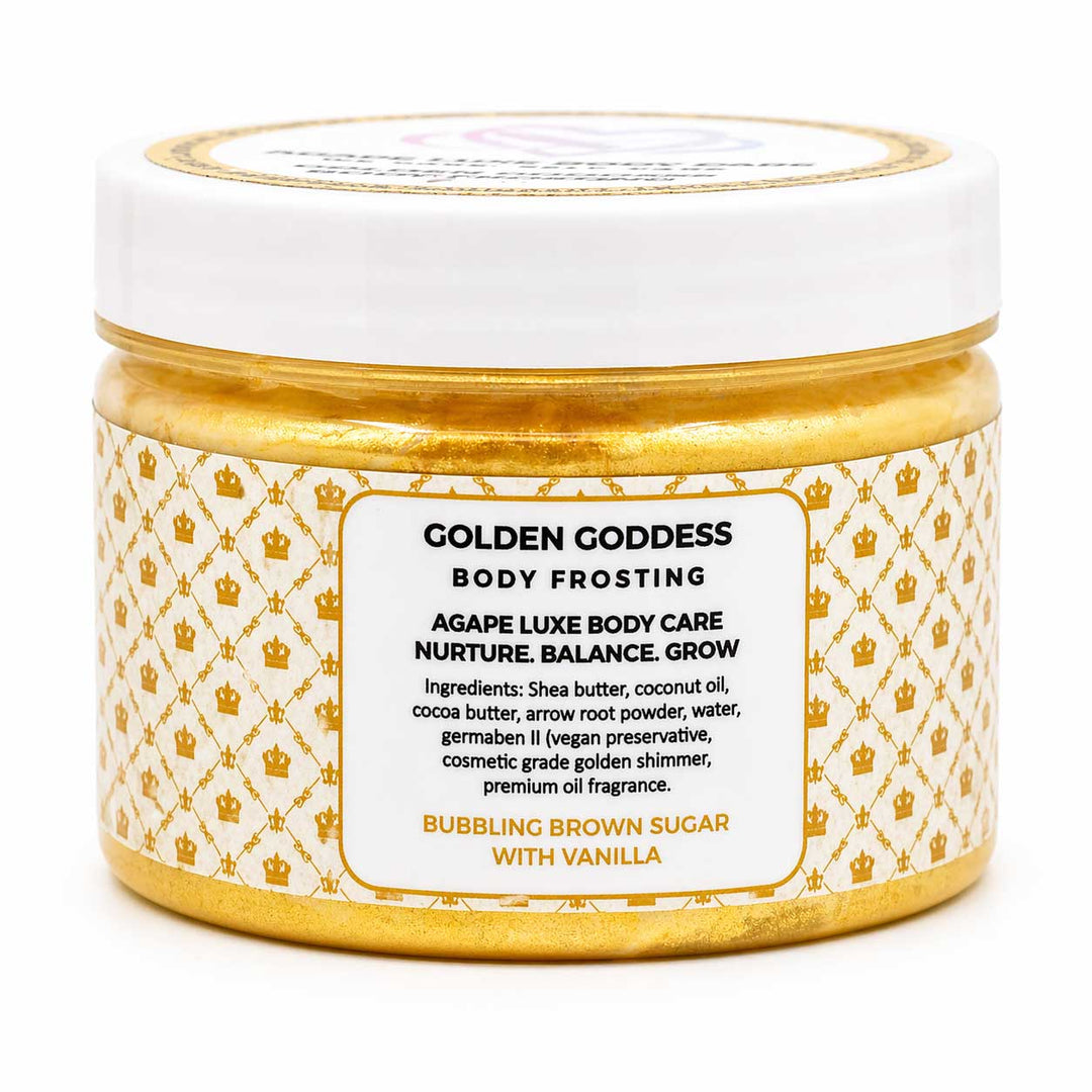 Jar of Golden Goddess body frosting with gold and white design on a white background