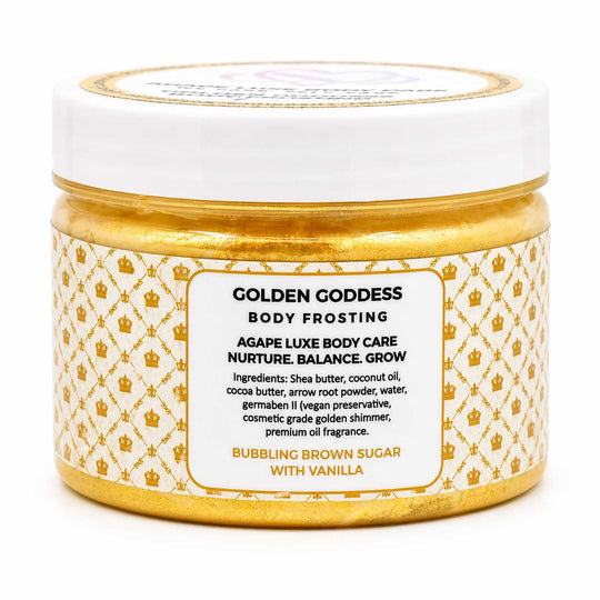 Jar of Golden Goddess body frosting with gold and white design on a white background