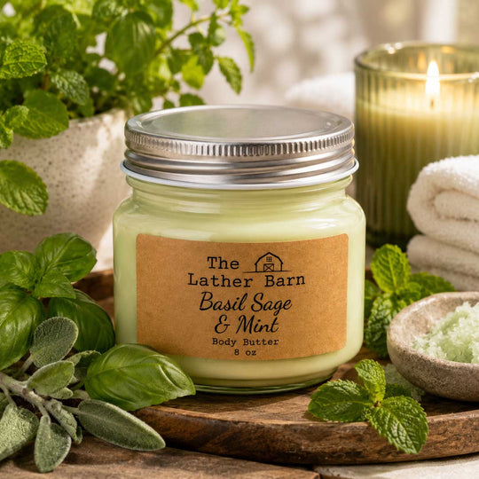 A jar candle labeled 'The Lather Barn Basil Sage & Mint Body Butter' sits on a wooden tray surrounded by mint leaves, a lit candle, folded towels, and a small bowl of exfoliating scrub.