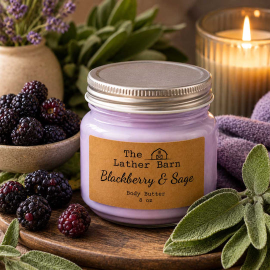A jar of lavender body butter with a silver lid and a kraft paper label reading 'The Lather Barn Blackberry & Sage Body Butter 8 oz'. The jar is styled on a wooden tray with fresh blackberries, sage leaves, a lit candle, and purple fabric in the background.