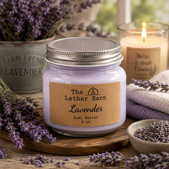 Lavender body butter in a clear glass mason jar with a silver lid and a kraft paper label reading 'The Lather Barn Lavender Body Butter 8 oz'. The jar sits on a wooden board with lavender sprigs, a lit candle, folded towels, and a bowl of loose lavender in a rustic setting.