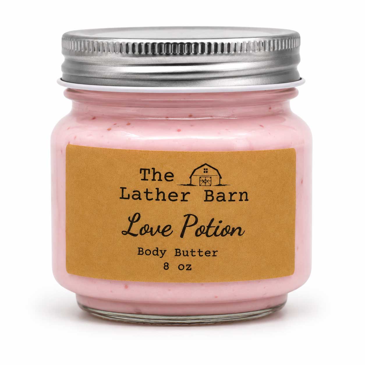 A 8 oz glass jar of 'Love Potion' body butter by The Lather Barn, filled with pink cream and sealed with a silver metal lid, set against a plain white background.