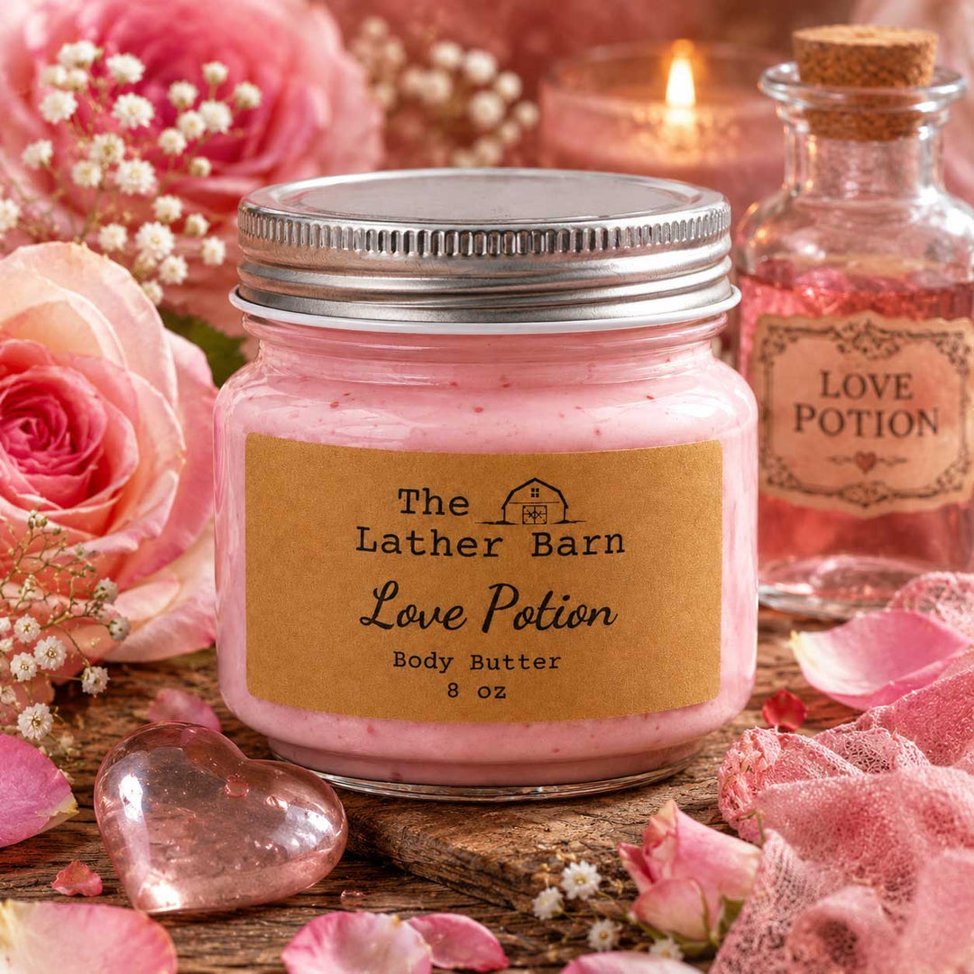 A pink body butter jar labeled 'The Lather Barn Love Potion' with a silver lid, styled with pink roses, petals, a glass 'Love Potion' bottle, and a lit candle in the background.