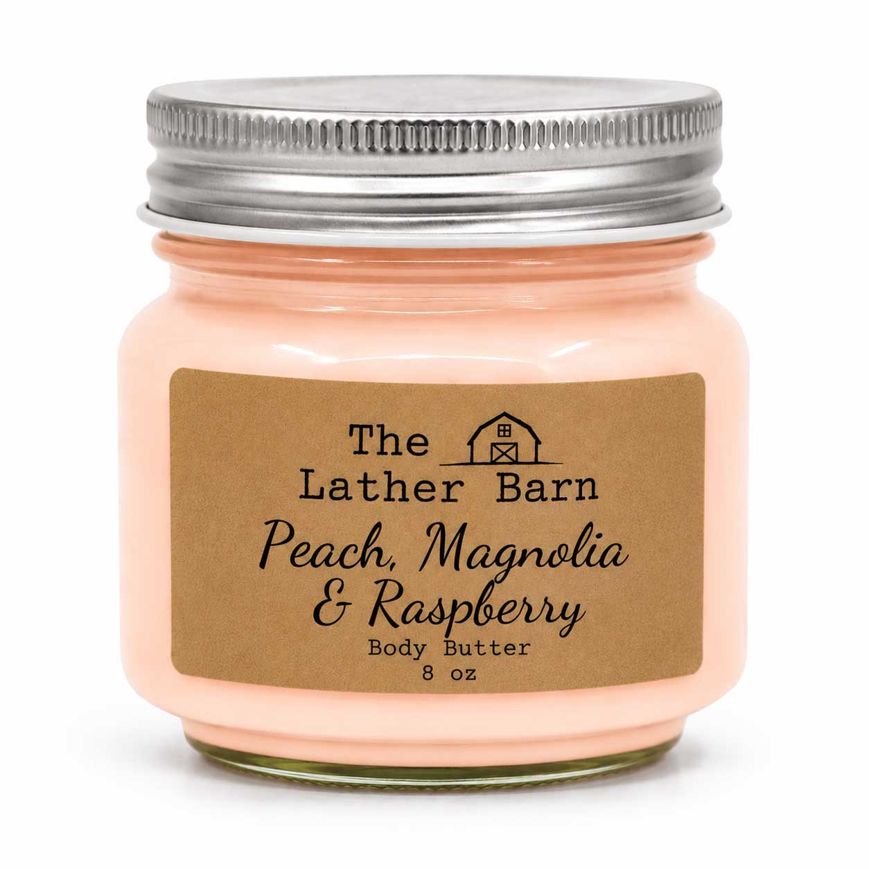 A 8 oz jar of peach-colored body butter with a brown kraft paper label reading 'The Lather Barn Peach, Magnolia & Raspberry Body Butter'. The jar has a silver metal screw lid and is set against a plain white background.