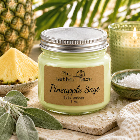 A jar of Pineapple Sage body butter by The Lather Barn, styled with fresh pineapple, sage leaves, a lit candle, and bath salts on a stone surface.