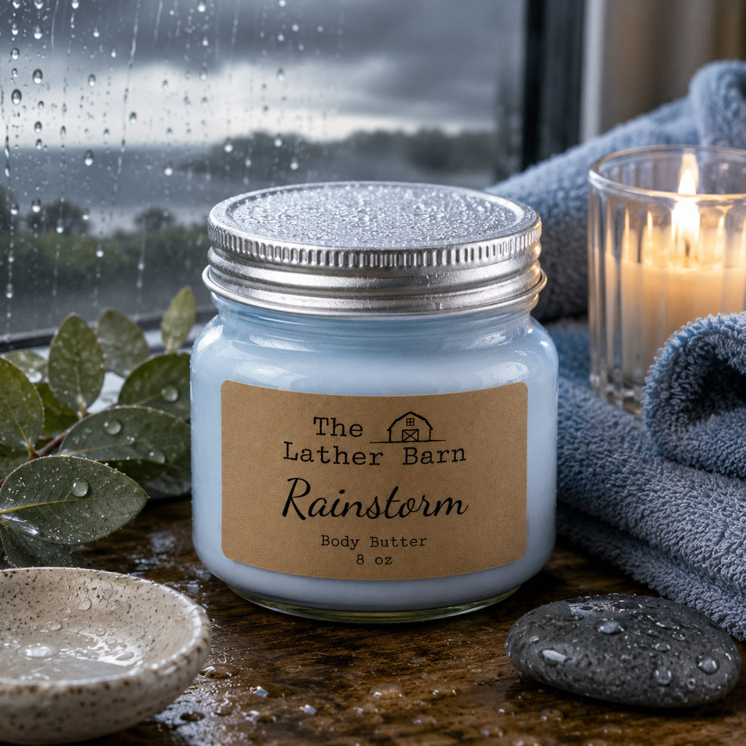 A light blue glass jar candle labeled 'The Lather Barn Rainstorm Body Butter' sits on a wooden surface with raindrops, a lit candle, greenery, and a blue towel in the background.