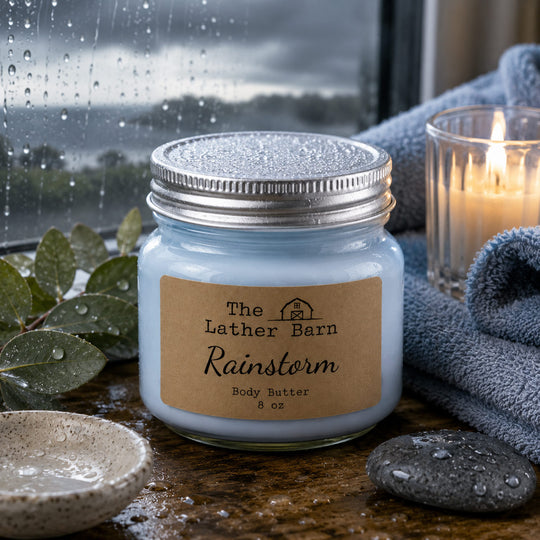 A light blue glass jar candle labeled 'The Lather Barn Rainstorm Body Butter' sits on a wooden surface with raindrops, a lit candle, greenery, and a blue towel in the background.
