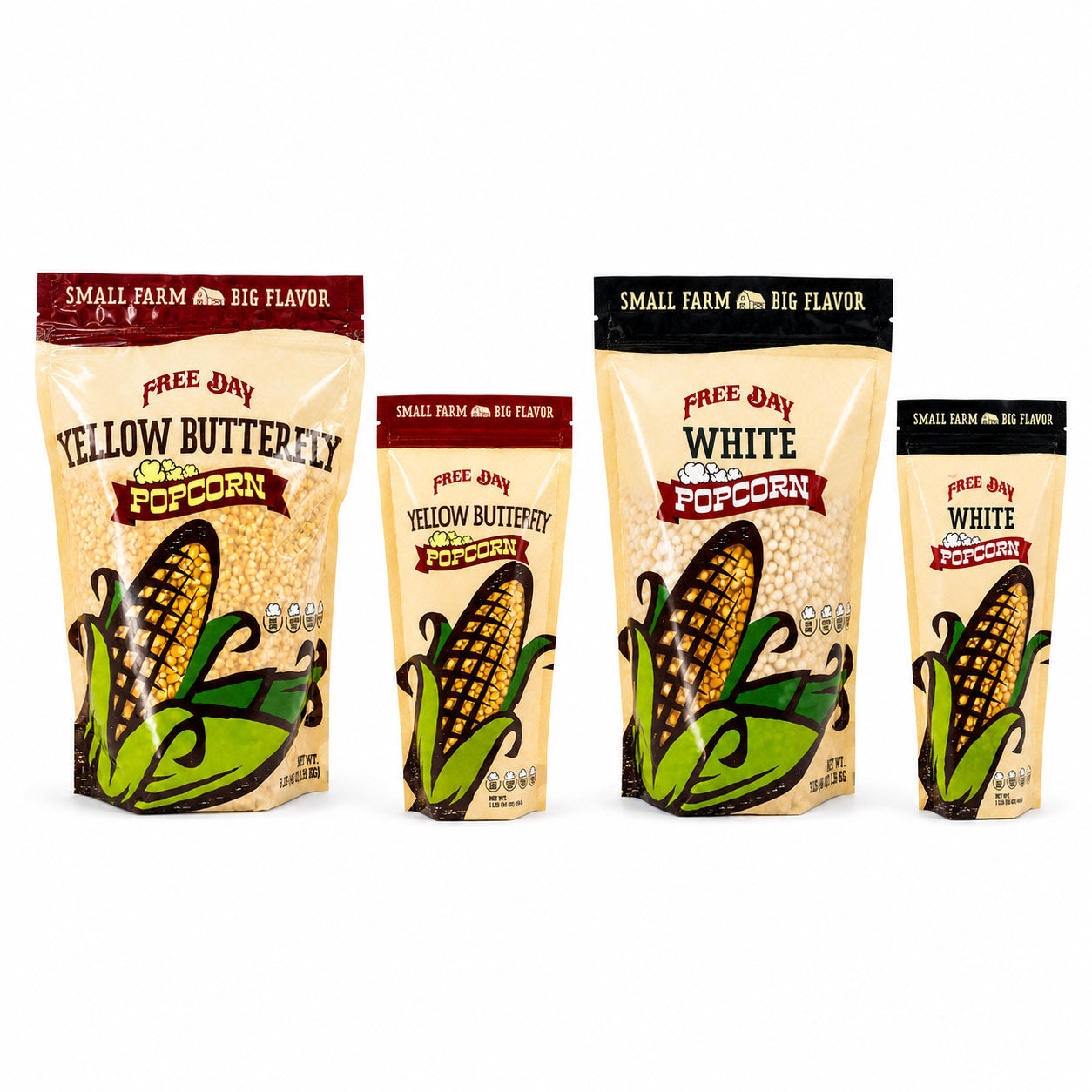 Four packages of Free Day Popcorn in yellow and white with corn illustrations on a white background.