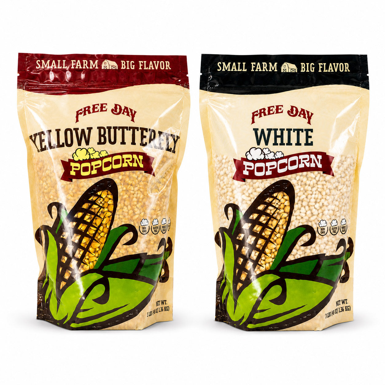 Two packages of Free Day Popcorn, one yellow butterfly popcorn and one white popcorn, on a white background.