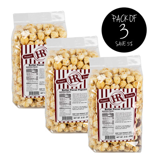 Butter Pecan Popcorn | 8 oz. | Pack of 3 | Buttery, Crunchy, Candy Coated Popcorn | Fresh Pecan Garnish | Made in Gibbon, NE | HR Poppin' Snacks