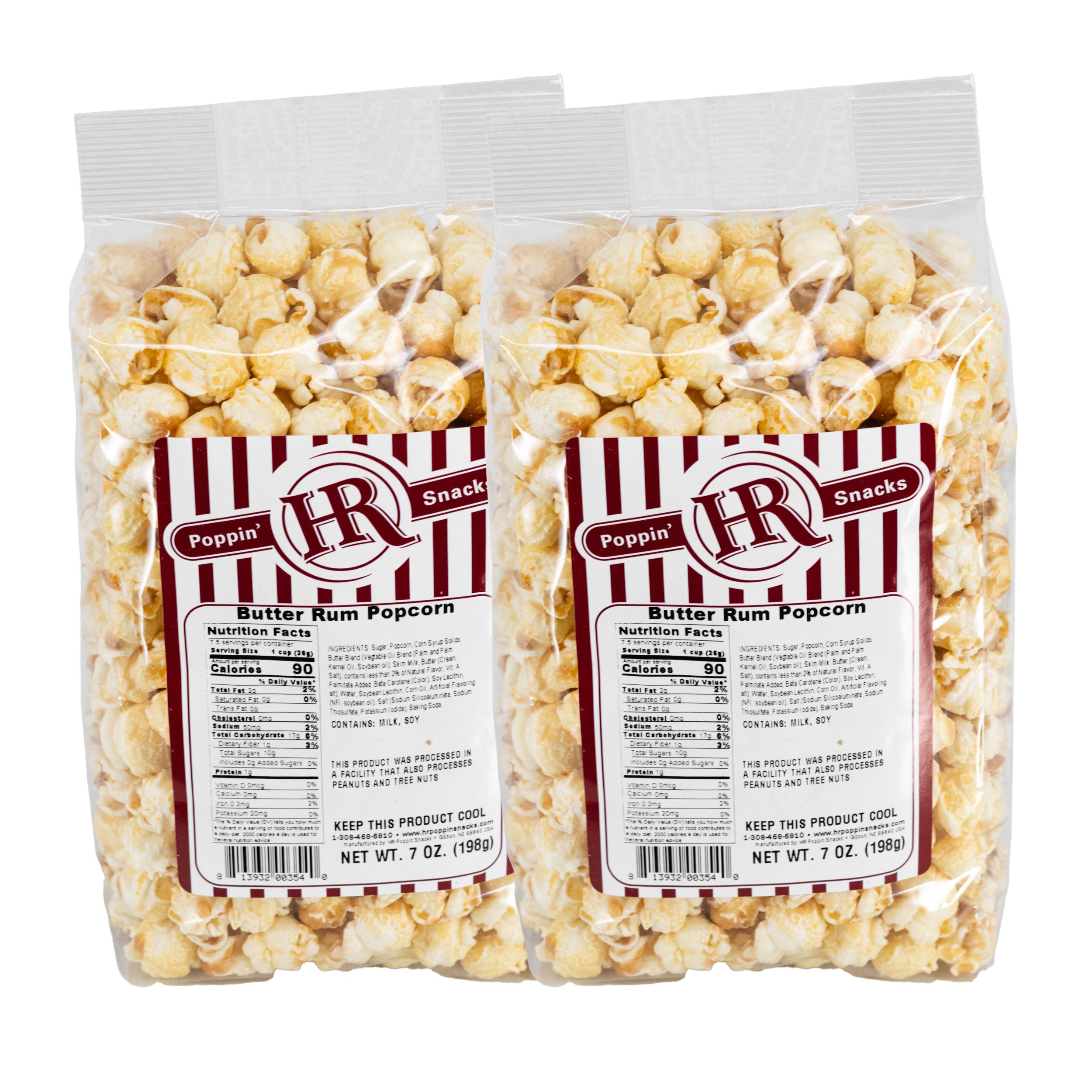 Two packages of HR Poppin' Snacks Butter Rum Popcorn on a white background