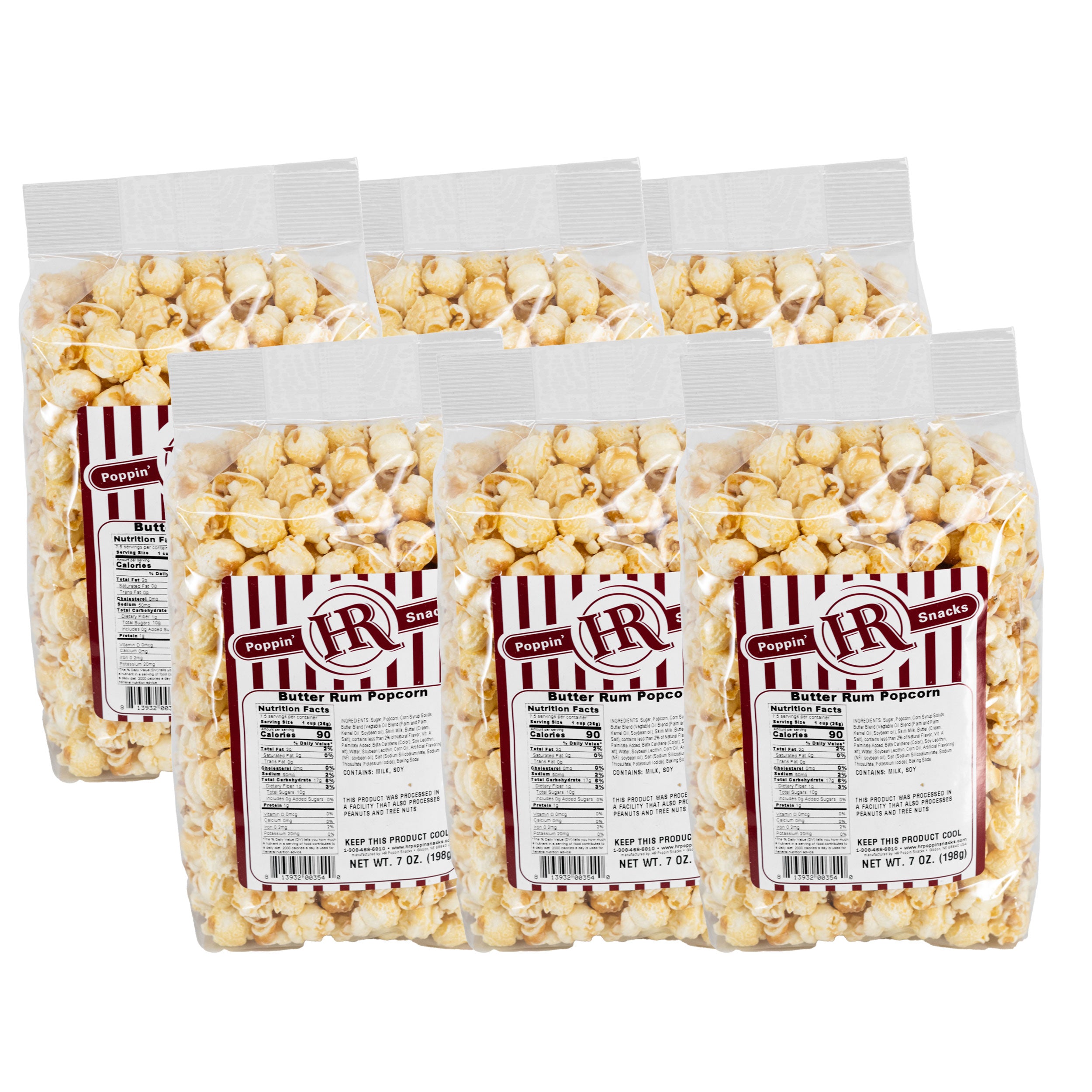 Four bags of Butter Rum Popcorn with labels on a white background