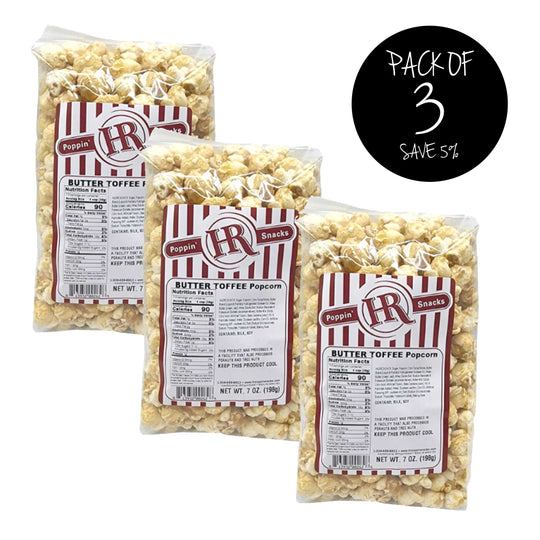 Butter Toffee Popcorn | 7 oz. | Pack of 3 | Buttery Toffee Coated Popcorn | Rich Flavor | Made in Gibbon, NE | HR Poppin' Snacks