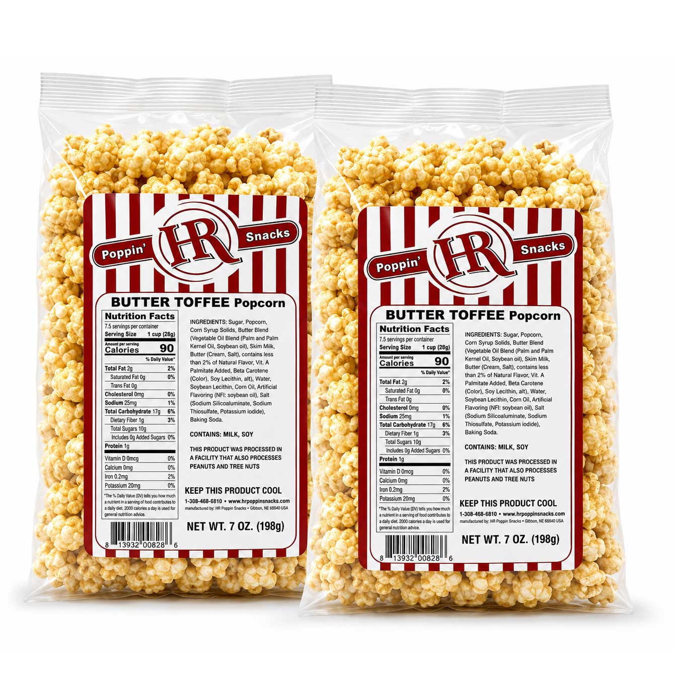 Two clear plastic bags of Poppin' Snacks Butter Tofeed Popcorn shown side by side on a white background, displaying both the front label and the back nutrition panel.