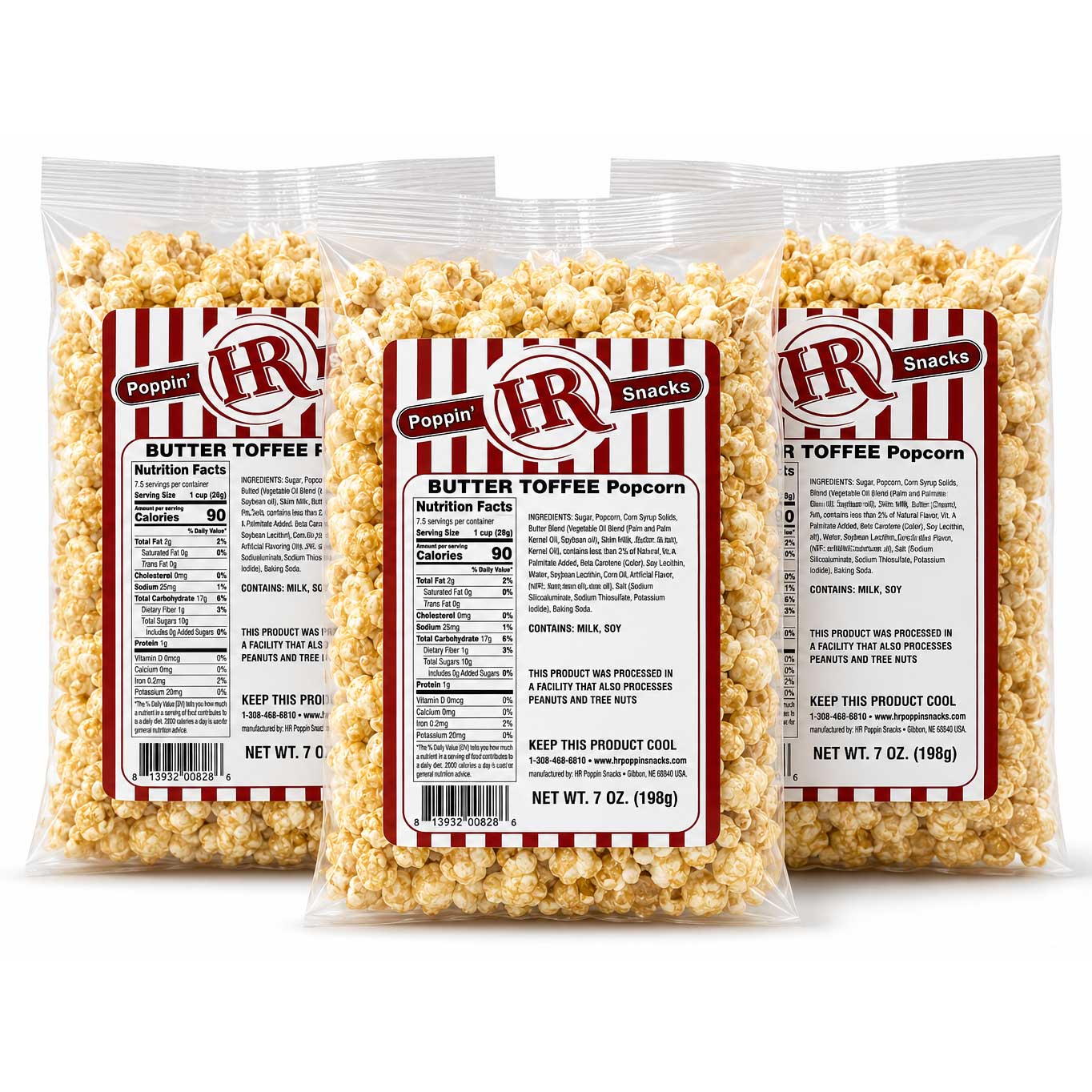 Three clear plastic bags of butter toffee popcorn arranged in a fan shape on a white background. The bags have red and white striped labels with the brand logo 'H&R' and text reading 'Poptop' and 'Butter Toffee Popcorn'.