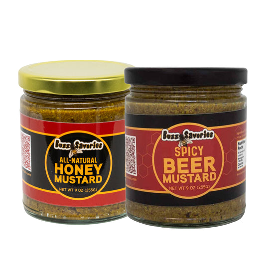 Two jars of mustard, one labeled 'All-Natural Honey Mustard' and the other 'Spicy Beer Mustard', on a white background.