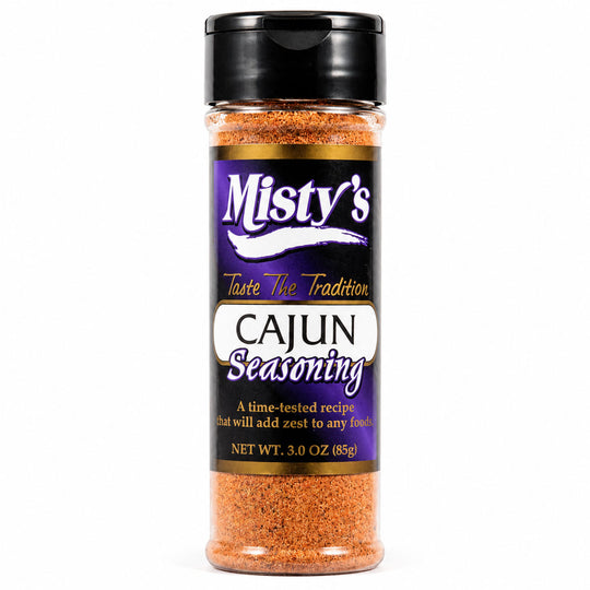 Bottle of Misty's Cajun seasoning on a white background