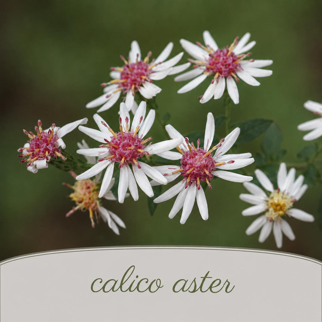 Calico aster flowers with a blurred green background