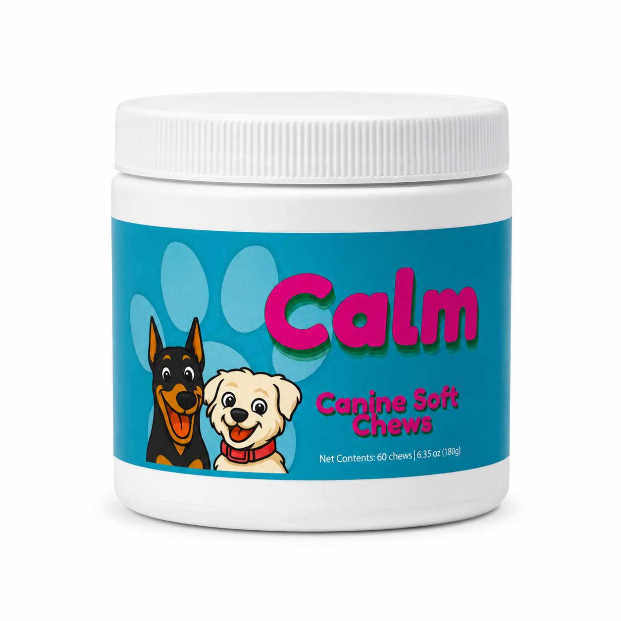 A white plastic jar of Calm Canine Soft Chews with a bright blue label featuring cartoon dogs and a large pink 'Calm' logo.