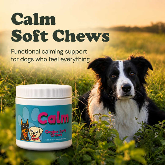 A jar of Calm Soft Chews dog supplements placed in a grassy field next to a black and white dog, with promotional text reading 'Calm Soft Chews' and 'Functional calming support for dogs who feel everything'.