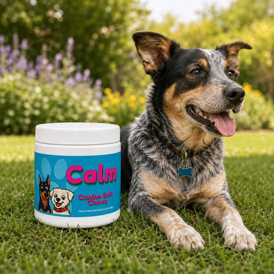 A white plastic jar of dog chew supplements labeled 'Calm' sits on green grass next to a blue-gray and black dog lying in a sunny garden.