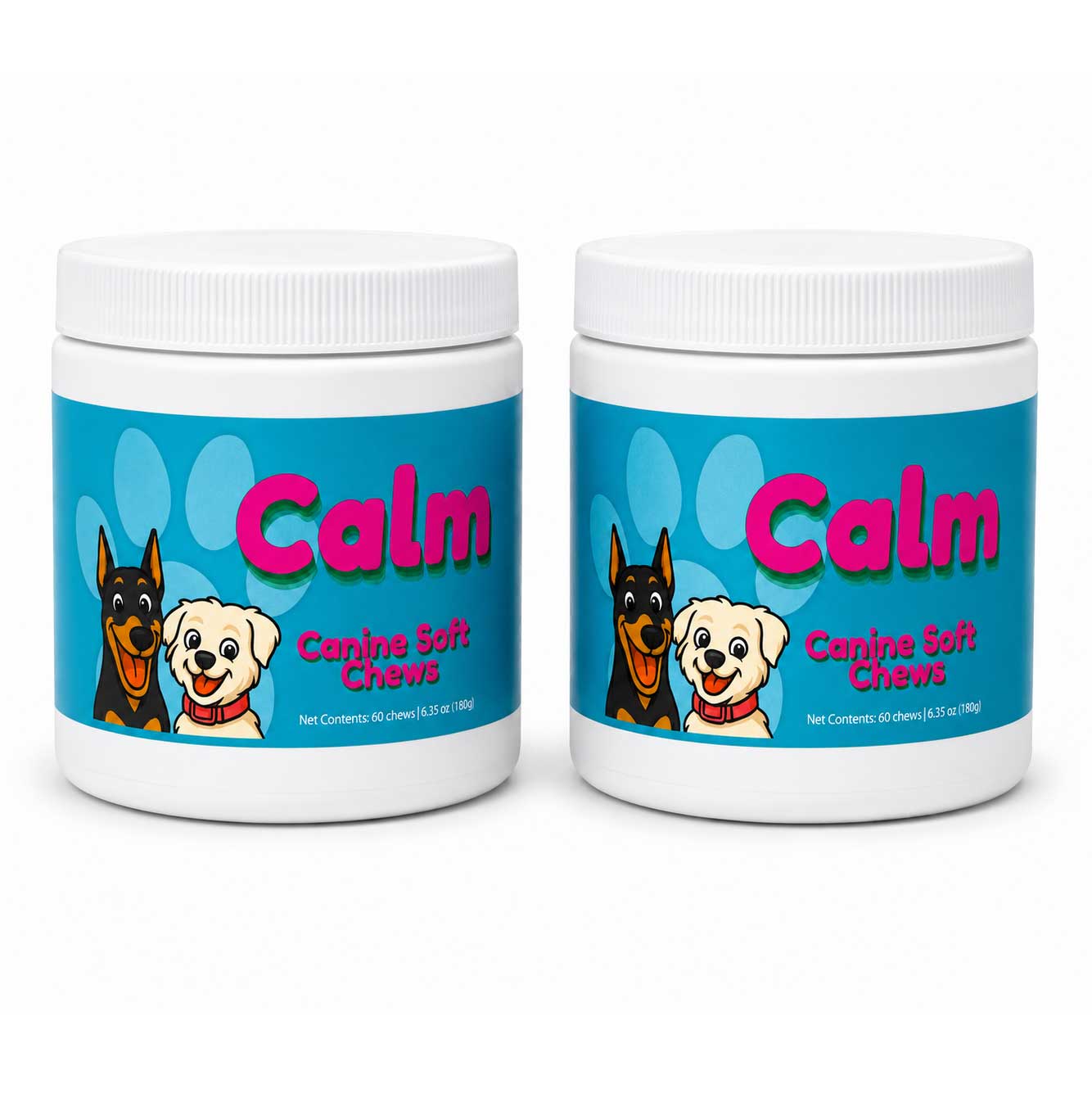 Two white plastic jars of Calm Canine Soft Chews with blue labels, featuring cartoon illustrations of a black and tan dog and a white dog, on a white background.