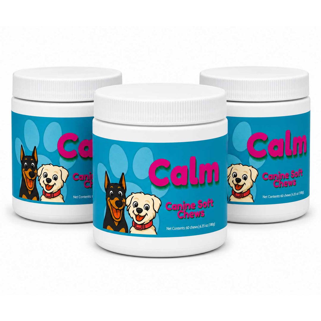 Three white plastic jars of 'Calm' Canine Soft Chews arranged in a triangular formation on a white background. The front jar is fully visible, while the rear two are partially obscured.