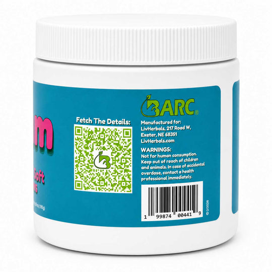 A white plastic jar of LivHerbs 'soft' supplement, showing the back label with a teal background, green and white logo, QR code, and barcode.