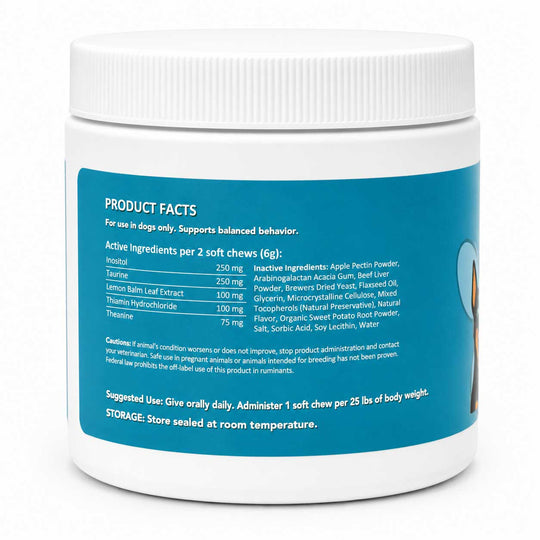 A white plastic bottle of dog chew supplements with a white screw cap and a prominent blue label showing product facts, on a clean white background.