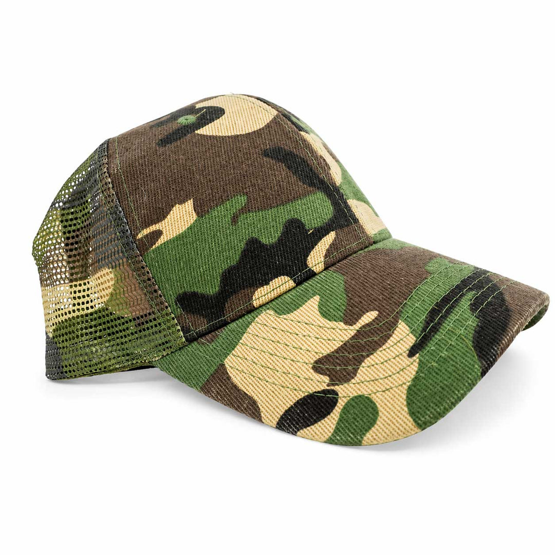 Camouflage baseball cap with mesh back on a white background