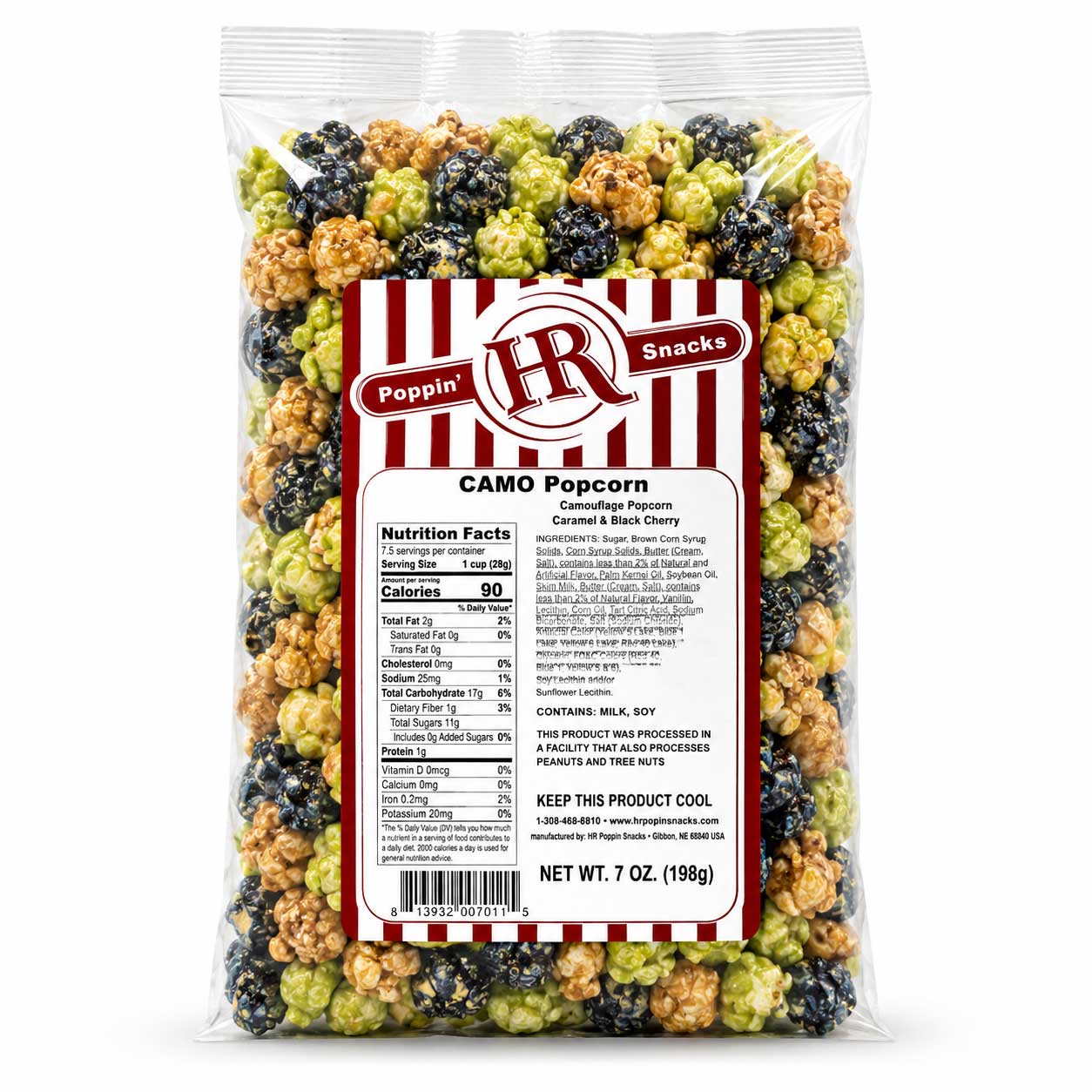 A 7 oz bag of Poppin' HR Snacks Camo Popcorn in caramel and black cherry flavors, showing a mix of green, beige, and dark purple popcorn pieces visible through a clear bag with a white and red label.