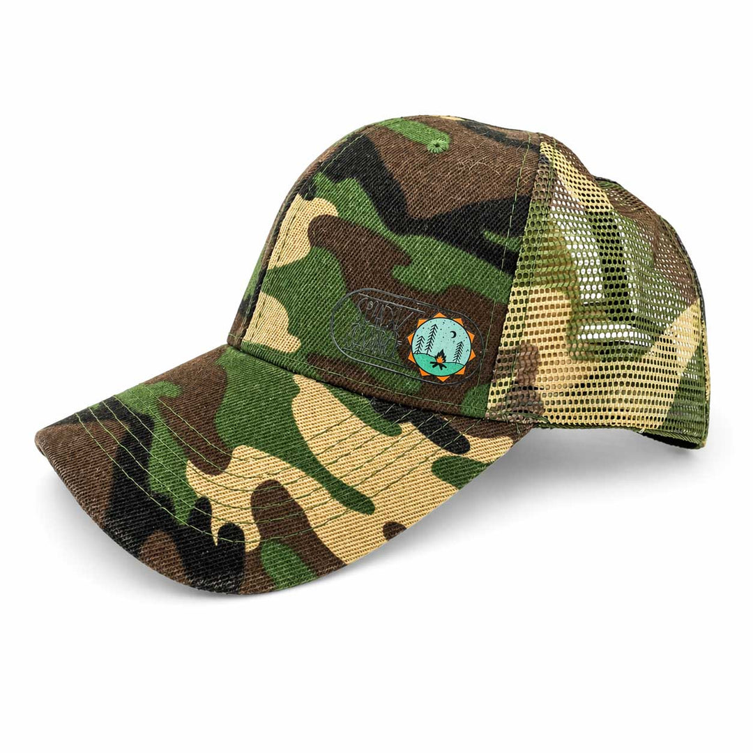 Camouflage baseball cap with mesh back on a white background
