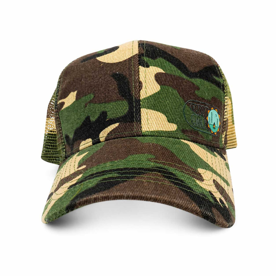 Camouflage baseball cap with a brand logo on a white background