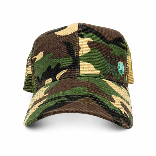 Camouflage baseball cap with a brand logo on a white background