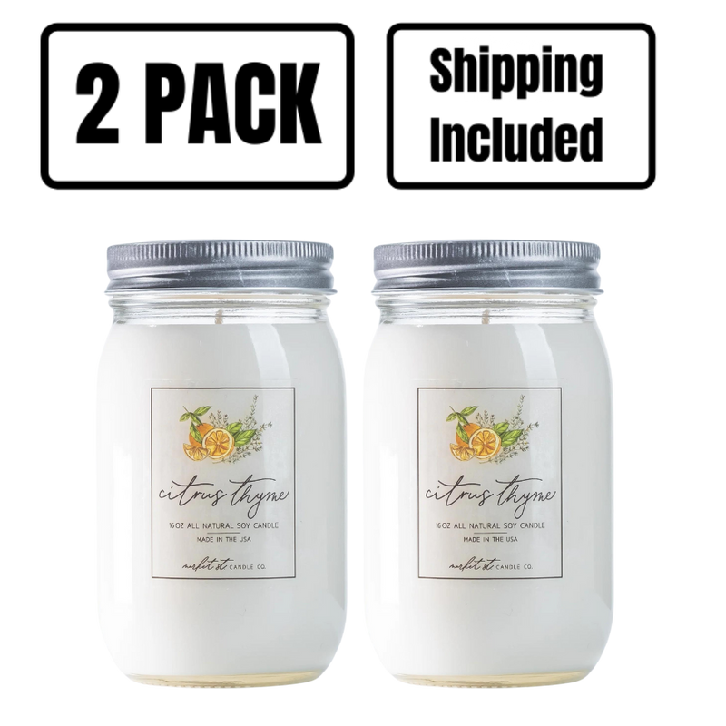 Citrus Thyme Candle | Market Street Candle Co | 16 oz. | Citrus Green With Notes Of Spicy Rose, Lavender, Jasmine With Woods, Musk, & Sweet Berry | Delightful Aroma | Long Lasting Wick | All Natural Soy Wax | Nebraska Candle | 2 Pack | Shipping Included