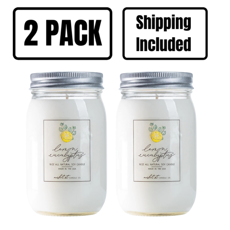 Lemon Eucalyptus Candle | Market Street Candle Co | 16 oz. | Burst Of Lemon, Eucalyptus, Orange, Spearmint, Parsley, & Sage | All Natural | Vegan | Essential Oil Based | 2 Pack | Shipping Included