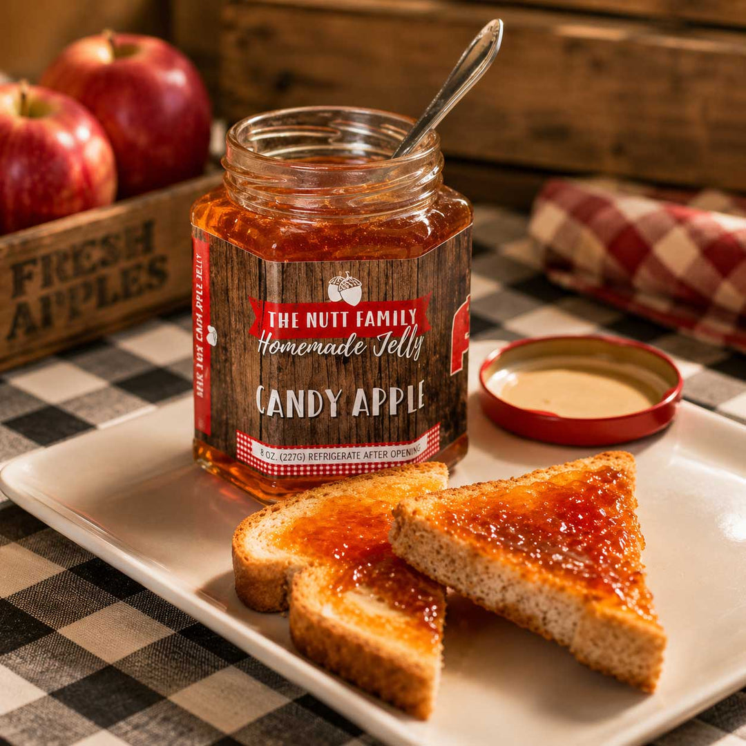 Jar of 'The Nutt Family Homemade Jelly Candy Apple' on a plate with toast, apples, and a checkered tablecloth.